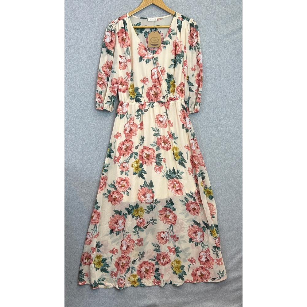 KORI Floral Maxi Dress Cream Pink Chiffon V-Neck Cottagecore Boho Size Small NWT